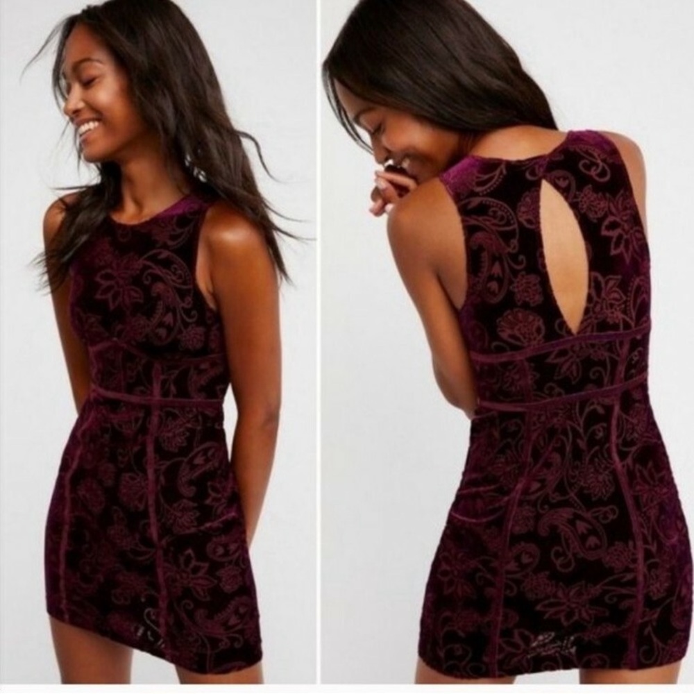 Free People Intimately Burnout Babe Bodycon Dress‎ Elegant Burgundy Velvet Mini